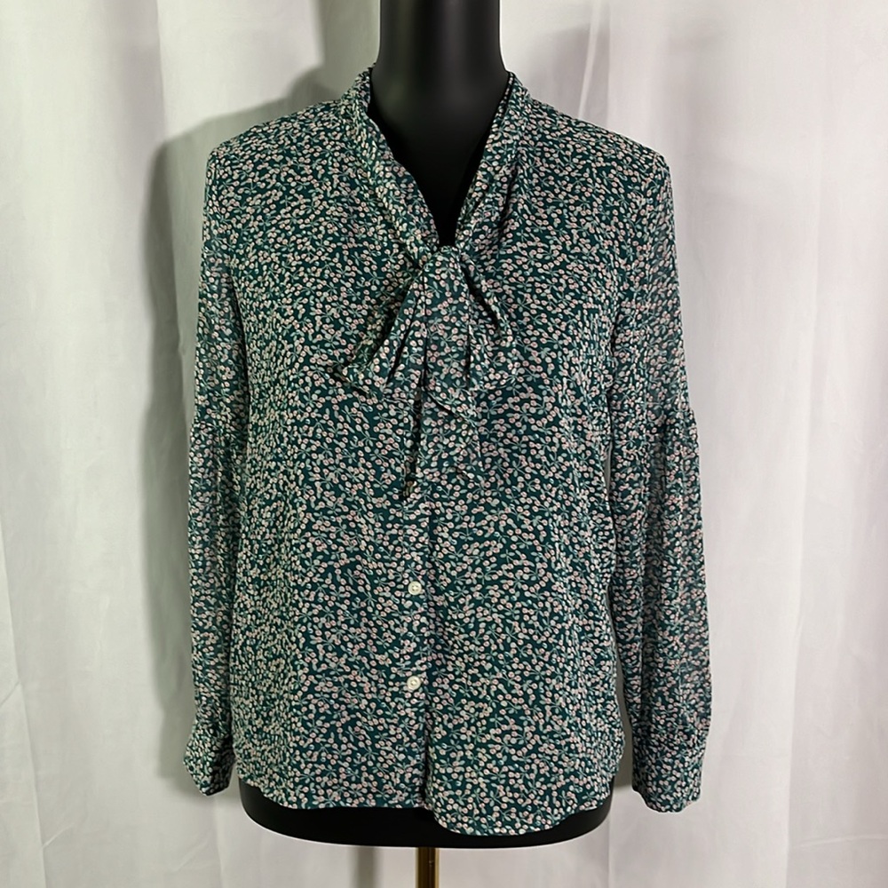 NWT LOFT Green & Pink Floral Print Button Front Tie Neck Blouse